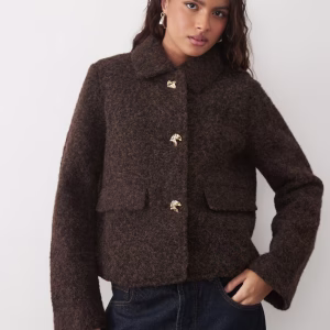 Vero Moda short fluffy textured jacket with gold hammered buttons in chocolate brown