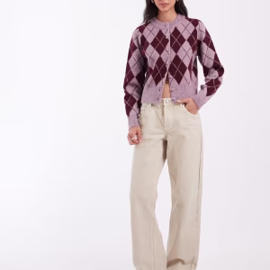 Vero Moda cropped knit cardigan in pink and burgundy argyle plaid print
