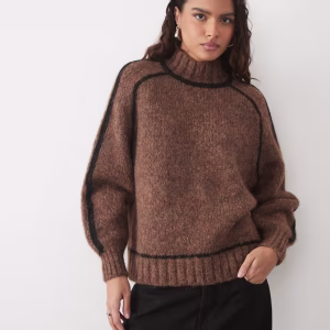 Vero Moda high neck contrast stitch sweater in light brown