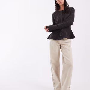 Vero Moda o-neck peplum jacquard cardigan in chocolate brown