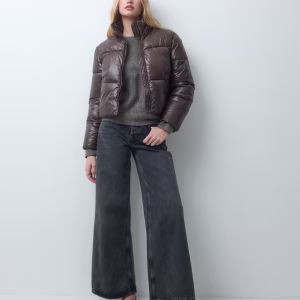 Pieces funnel neck short padded coat in chocolate brown