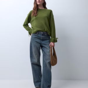 Pieces tie cuff detail sweater in moss green