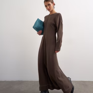 Topshop soft touch drop armhole maxi dress in chocolate with ecru contrast topstitching