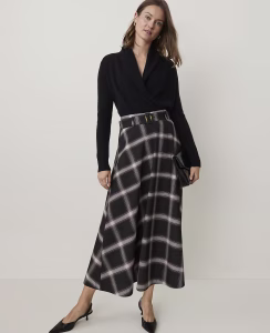 Plaid Belted Full Midi Skirt