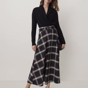 Plaid Belted Full Midi Skirt