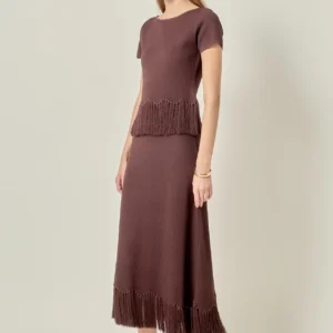 Fringe Hem Knit Midi Skirt