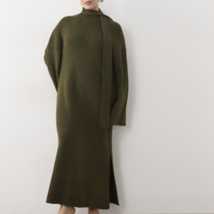 Pretty Lavish Curve knitted high neck belted midi dress in dark olive