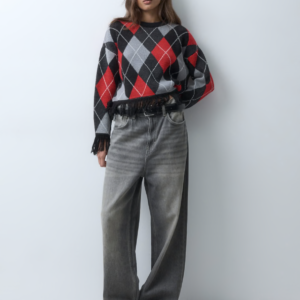 ASOS DESIGN jacquard fringe hem and sleeve sweater in red and black
