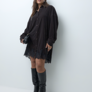 ASOS DESIGN Curve velvet oversized shirt mini dress with lace hem in black velvet