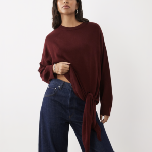 ASOS DESIGN knitted tie-side sweater in burgundy