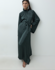 IYAL ruffled high neck belted wide sleeve satin maxi dress in dark green