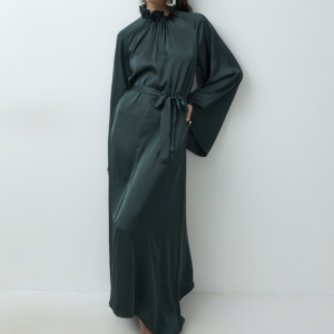IYAL ruffled high neck belted wide sleeve satin maxi dress in dark green