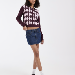 Tommy Jeans flag logo cardigan in burgundy argyle
