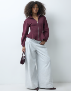 ASOS DESIGN peplum funnel neck zip up in burgundy