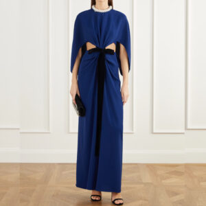 Annette cape-effect bead-embellished gathered velvet-trimmed crepe gown