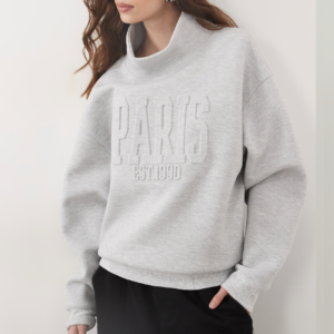 ASOS DESIGN embossed 'PARIS' funnel neck sweatshirt in gray