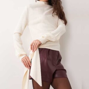 ASOS DESIGN knitted tie side top with funnel neck in cream