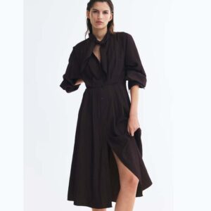 Balloon-Sleeved Dress with Scarf Collar