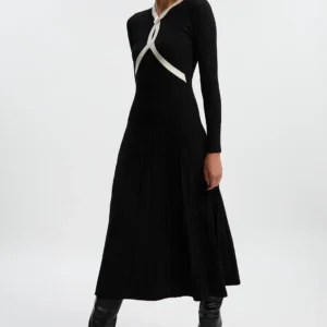 Rib Knit Trim Detail Full Skirt Midi Dress