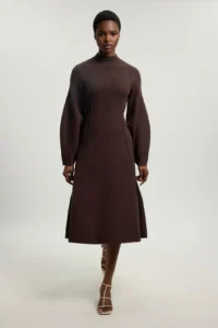 Wool Look Rounded Sleeve High Neck Knit Midi Dress