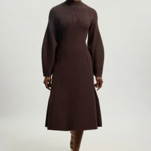 Wool Look Rounded Sleeve High Neck Knit Midi Dress