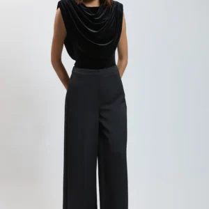 Velvet Cowl Neck Strong Shoulder Jersey Bodysuit