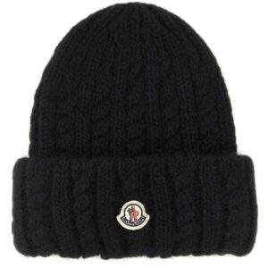 Black Moncler Logo Patch Knitted Beanie