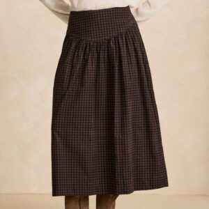 Brown Gingham Corduroy Drop Waist Midi Skirt