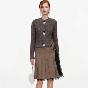 Brown Twill Lace Pleated Midi Skirt