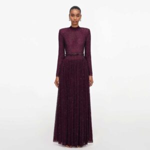 Burgundy Rhinestone Long Sleeve Maxi Dress