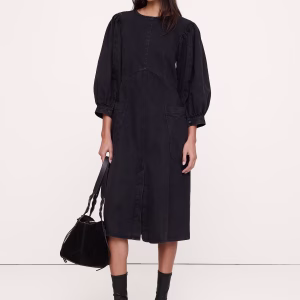 Denim Puff-Sleeve Midi Dress