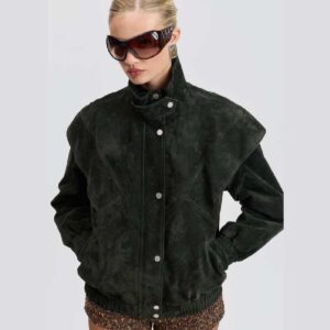 Genuine Suede Layered Yoke Bomber Jacket Deep Forest