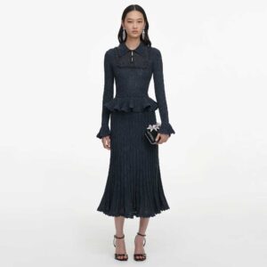 Grey Peplum Pointelle Knit Midi Dress