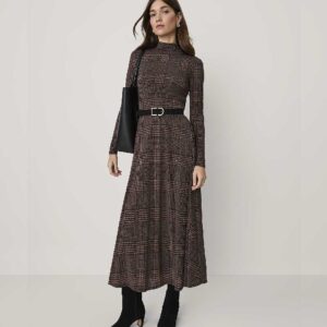 Houndstooth Turtleneck Midi Dress