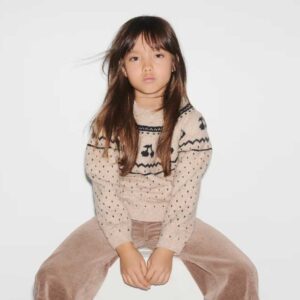Jacquard-Knit Sweater Light beige melange/cherries