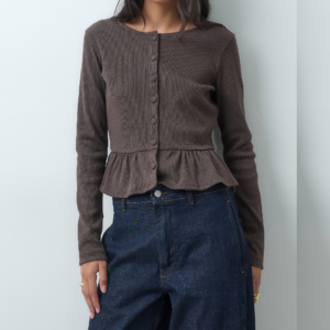 Miss Selfridge long sleeve peplum top in brown