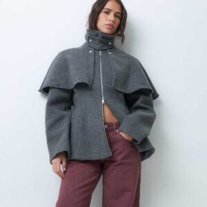 Monki cinched waist wool mix jacket in dark gray
