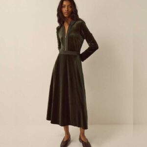 Monsoon Green Zeyna Zip Velvet Midi Dress