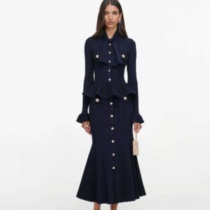 Navy Peplum Knit Midi Dress