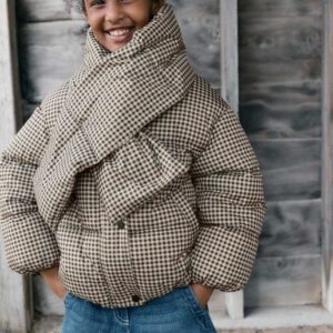 Neutral Check Shower Resistant Padded Coat With Removable Scarf