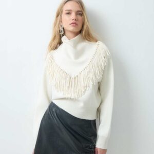 & Other Stories long sleeve fringe scarf sweater in white
