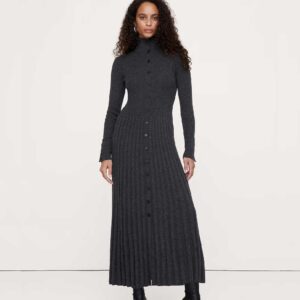 Ribbed Buttoned Sweater Dress Charcoal Gray