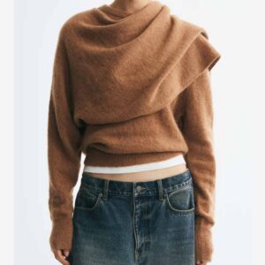 Scarf-Collar Mohair-Blend Sweater Beige