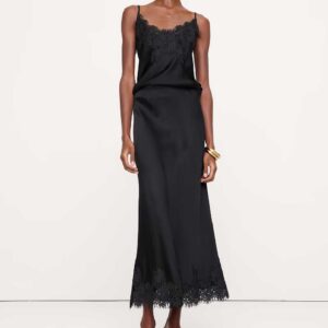 Stretch-Satin Lace-Trim Midi Skirt