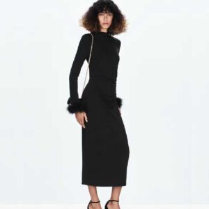 Sweater dress with feather cuffs Black