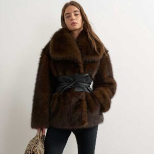 Topshop faux fur coat with faux leather belt in brown