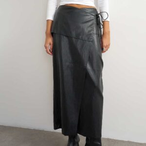 Topshop faux leather wrap tie detail maxi skirt in black