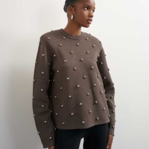 Topshop knitted metal studded shoulder pad sweater in brown